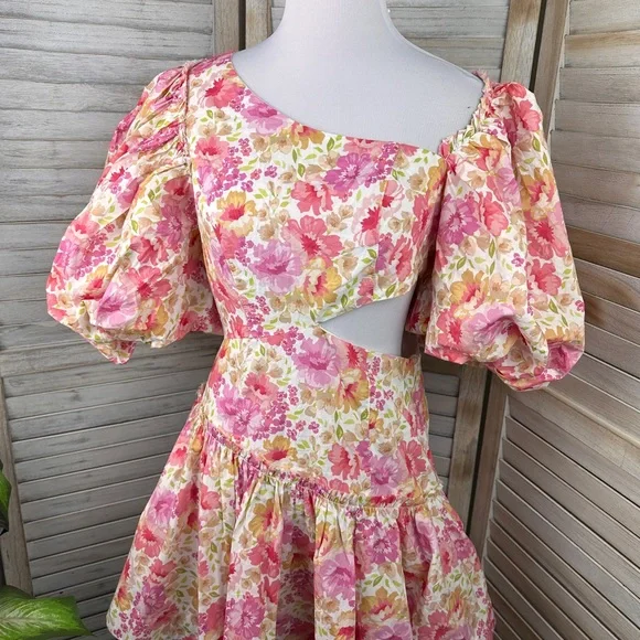 Sofie the Label Pink Floral Puff Sleeve Ruffled Skirt Sundress Size Small - Picture 3 of 8